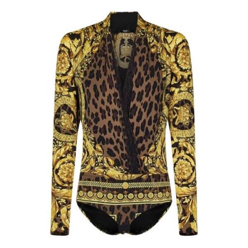 Zwart Barocco Print Zijden Bodysuit Versace , Multicolor , Dames