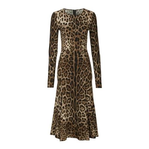 Luipaardprint Kuitlange Cady Jurk Dolce & Gabbana , Brown , Dames