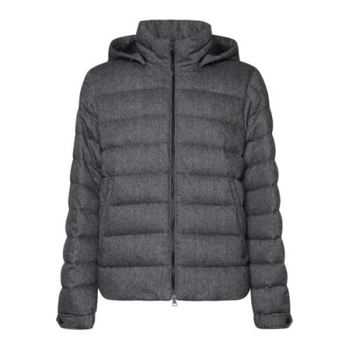 Grijze Gewatteerde Wollen Jas met Leer Moncler , Gray , Heren