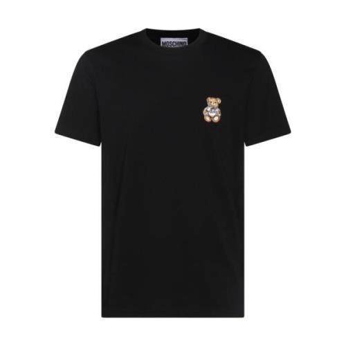 Zwart Katoenen T-shirt met Logo Patch Moschino , Black , Heren