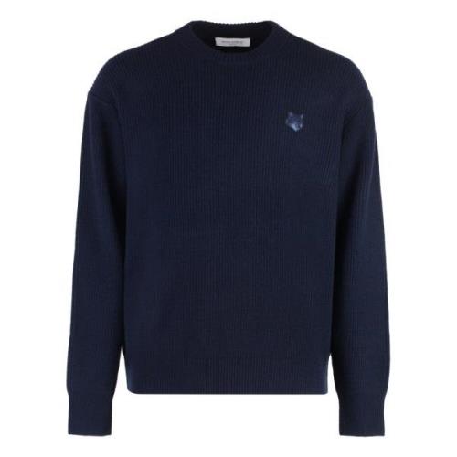 Fox Front Wolmix Crew-neck Sweater Maison Kitsuné , Blue , Heren