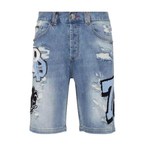 Blauwe denim shorts met patches Philipp Plein , Blue , Heren