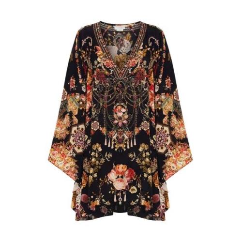 Zwarte Bloemen Strandtuniek Mini V-hals Camilla , Black , Dames