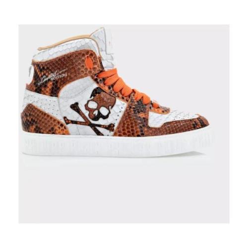 Python Hi-Top Oranje-Witte Sneakers Philipp Plein , Multicolor , Heren