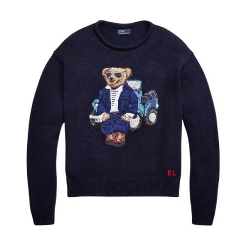 Marineblauwe katoenen trui met teddybeer Ralph Lauren , Blue , Dames