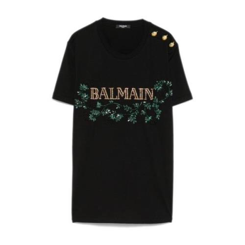 Korte Mouw Strass Versierde Tee Balmain , Black , Dames