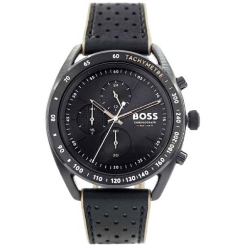 Roestvrijstalen zwart leren band horloge Hugo Boss , Black , Heren