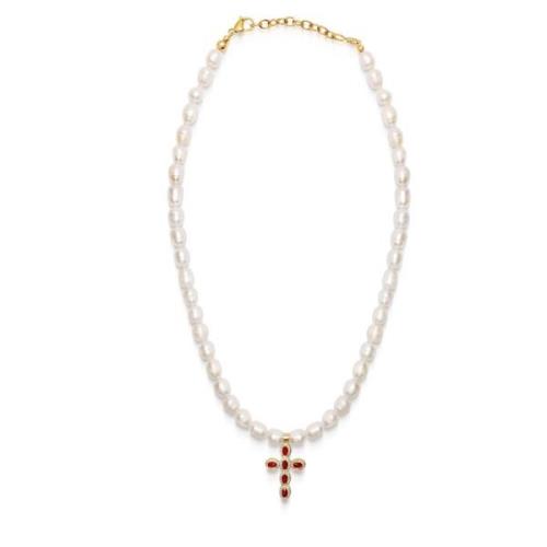 Men's Baroque Pearl Choker with Red Cross Nialaya , Yellow , Heren