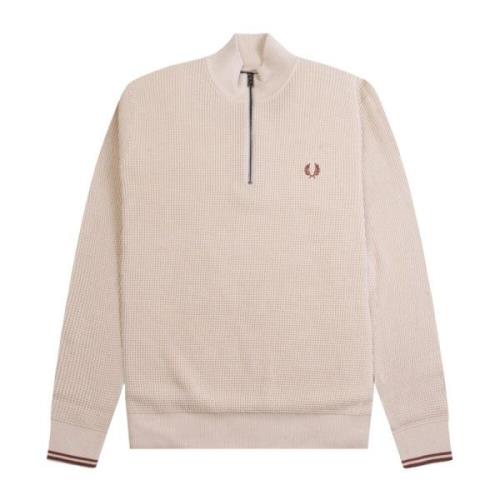 Heren Honingraat Half Zip Trui Fred Perry , Beige , Heren