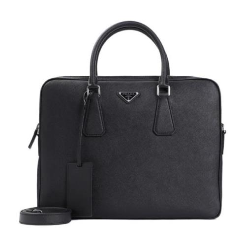 Luxe Zwarte Leren Aktetas Prada , Black , Heren