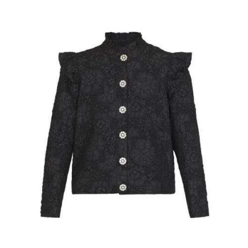 Bloemen Jacquard Blazer met Ruches Love & Divine , Black , Dames