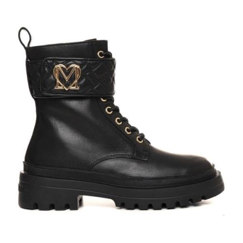 Vetersluiting leren enkellaarzen Love Moschino , Black , Dames