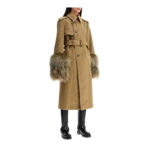 Lang Trenchcoat met Shearling Manchetten Burberry , Green , Dames