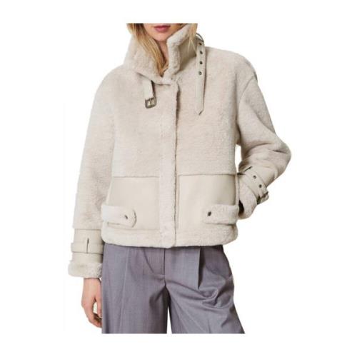 Imitatiebont Shearling Jas Wit Twinset , Beige , Dames