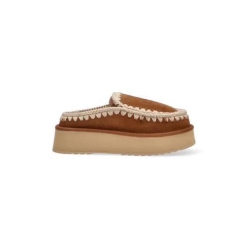 Bruin Leren Platte Schoenen Clog Eskimo Mou , Brown , Dames