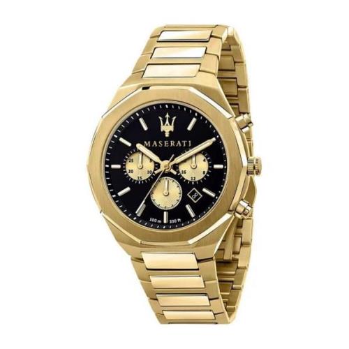 Stalen Quartz Horloge, Zwarte Kast, Gouden Band Maserati , Yellow , He...