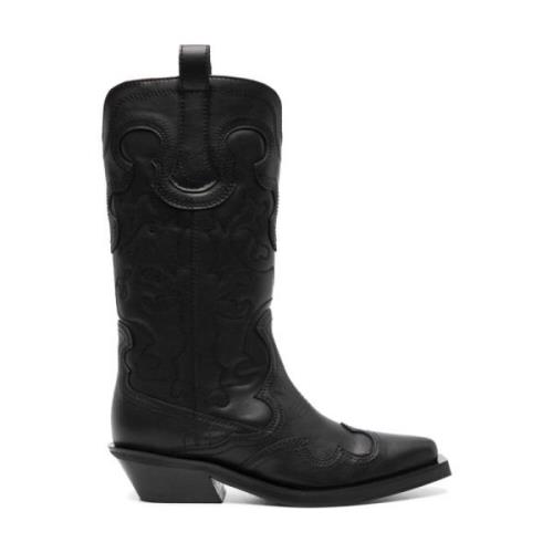 Zwarte Western Leren Laarzen Ganni , Black , Dames