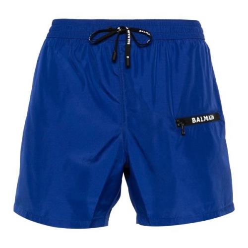 Blauwe Logo-Print Zwemshorts Balmain , Blue , Heren