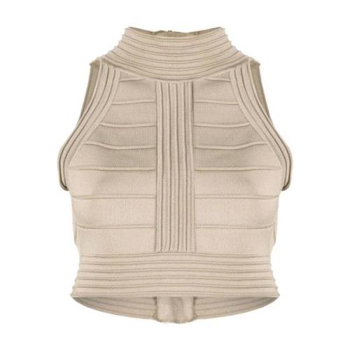 Geribbeld Gebreide Tanktop in Beige Balmain , Beige , Dames