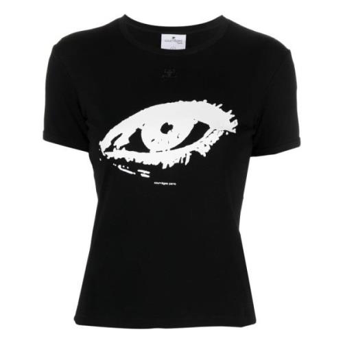 Zwarte Katoenen T-shirt met korte mouwen Courrèges , Black , Dames