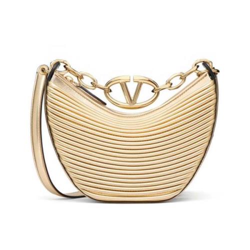 Stijlvolle Hobo Tas van Zwart Leer Valentino Garavani , Beige , Dames