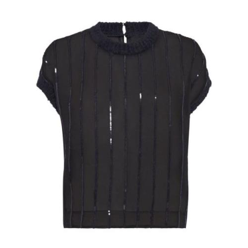 Zwarte Zijden Paillet Streep Shirt Brunello Cucinelli , Black , Dames