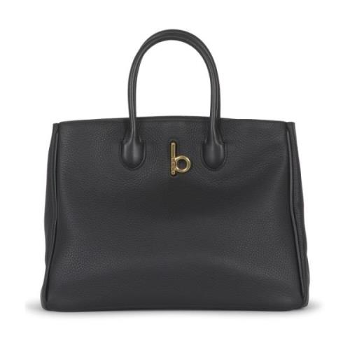 Zwarte Leren Tote Tas met 'b' Sluiting Burberry , Black , Dames