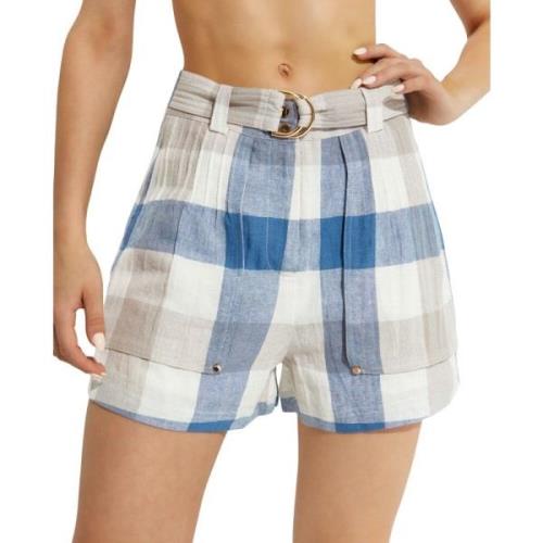 Blauw Beige Geruite Hoge Taille Shorts Ixiah , Blue , Dames