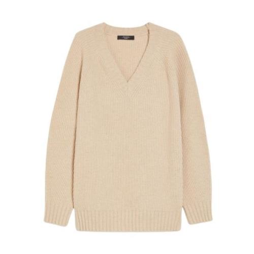 V-Hals Gebreide Trui in Wol/Kasjmier Mix Max Mara Weekend , Beige , Da...