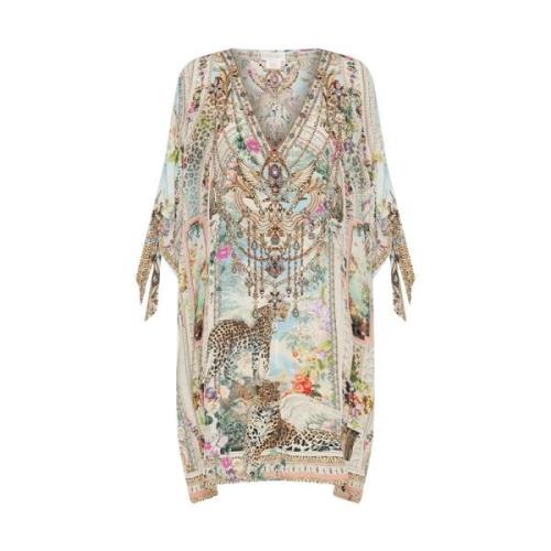 Luipaardprint Zijden Kaftan met Strikmouwen Camilla , Beige , Dames