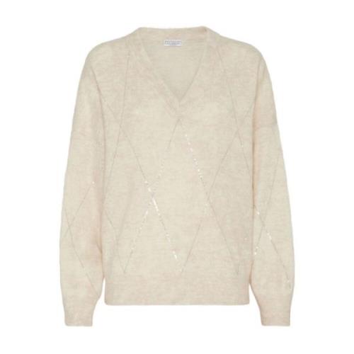 Diamantpatroon Paillet Sweater Brunello Cucinelli , Beige , Dames