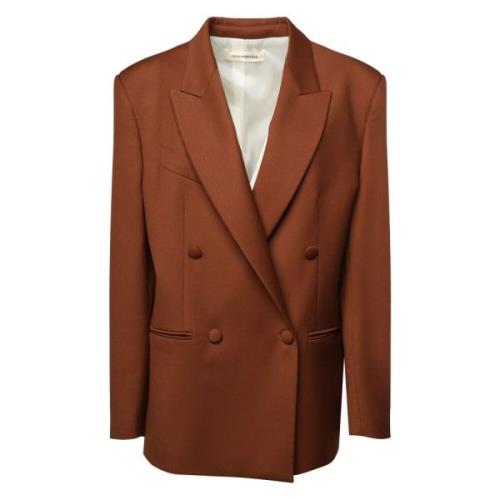 Bruine Double-Breasted Blazer met Suède Schouderstukken Nineminutes , ...