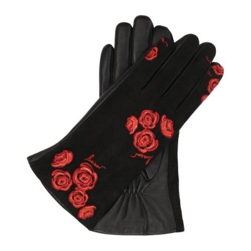 Elegante zwarte handschoenen met geborduurde rode bloemen Kazar , Blac...