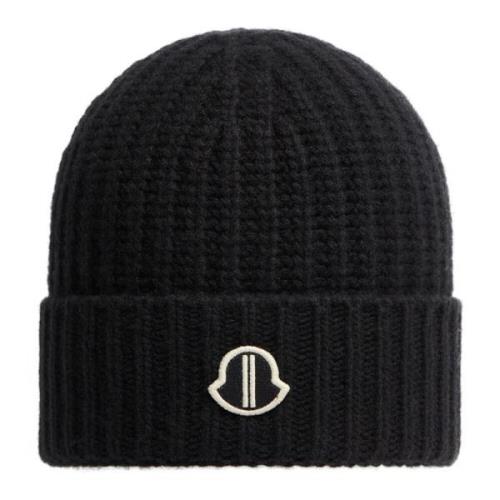 Zwarte wollen muts met logoborduursel Moncler , Black , Heren