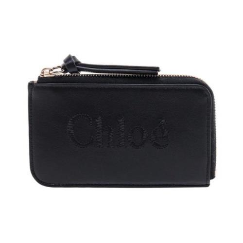 Stijlvolle Leren Kaarthouder met Geborduurd Logo Chloé , Black , Dames