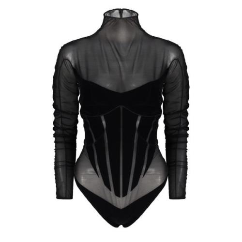 Semi-transparante body met fluwelen inzetstukken Mugler , Black , Dame...