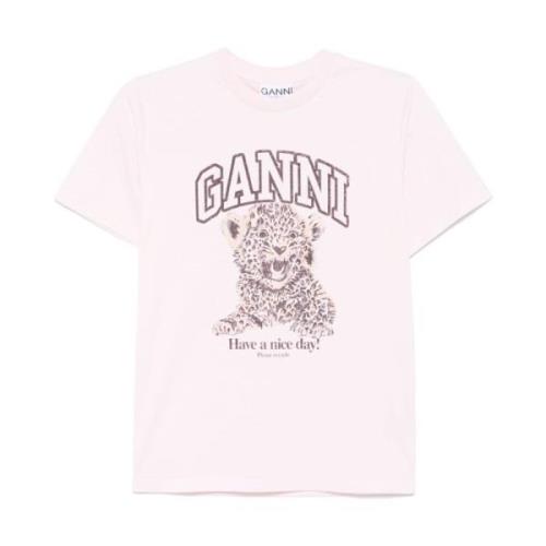 Leopard Logo Pink T-shirt Ganni , Pink , Dames