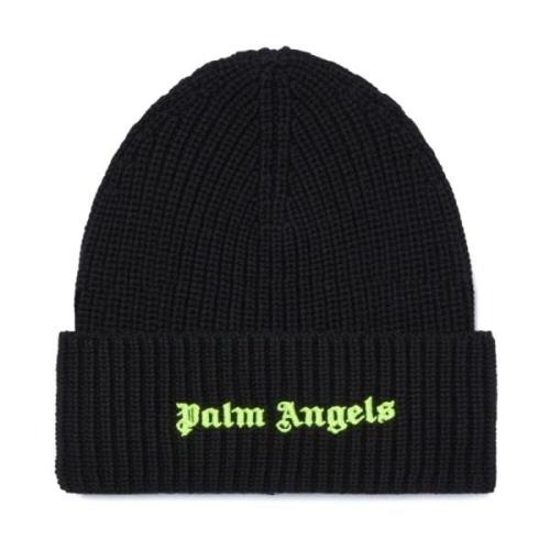 Zwarte Geborduurd Logo Gebreide Muts Palm Angels , Black , Heren