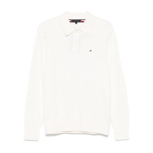 Beige Gebreid Poloshirt Geborduurd Logo Tommy Hilfiger , White , Heren