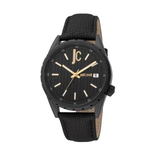 Zwarte Heren Leren Analoog Horloge Just Cavalli , Black , Heren