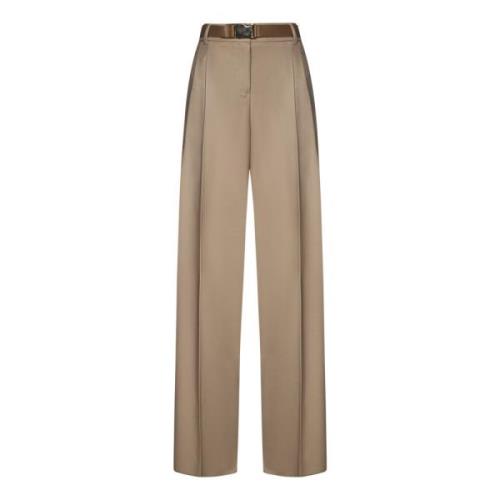 Beige Wollen Broek met Dubbele Plooi Max Mara , Beige , Dames