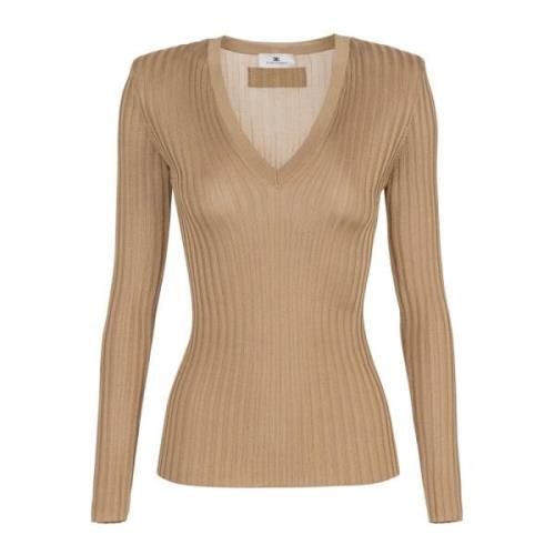 Geribbelde V-hals Sweater Bruin Elisabetta Franchi , Brown , Dames