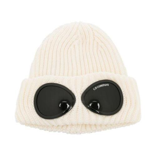 Witte Wol Ribgebreide Beanie met Lenzen C.p. Company , White , Heren