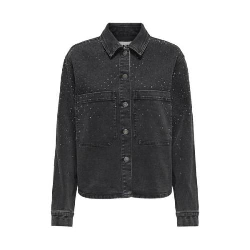 RhineStone Denim Shirt Gewassen Zwart Only , Black , Dames