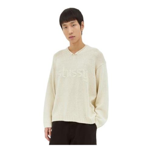 Chunky Gebreide V-Hals Logo Sweater Stüssy , Beige , Heren