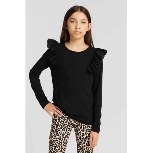 anytime longsleeve met ruffle zwart Meisjes Katoen Ronde hals Effen - ...