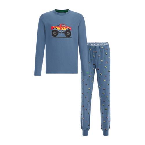 WE Fashion pyjama met printopdruk middenblauw Jongens Stretchkatoen Ro...