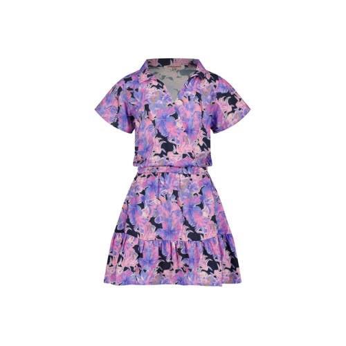 Vingino jurk Penelop met bloemenprint en volant paars/donkerblauw Meis...