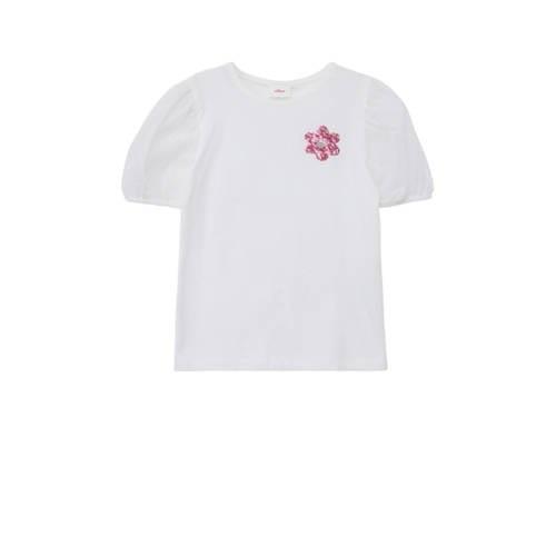 s.Oliver T-shirt met printopdruk en pailletten wit Meisjes Katoen Rond...