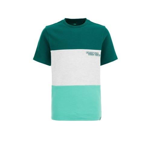 WE Fashion T-shirt groen/wit Jongens Biologisch katoen Ronde hals Meer...